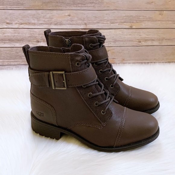 UGG Shoes - UGG Jaidyn Grizzly Leather Cozy Combat Boots